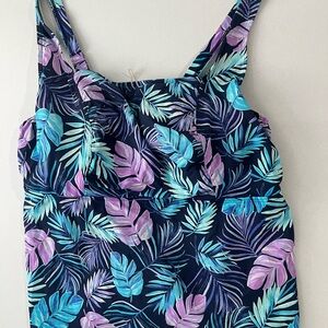 Tropical Leaf Print swimsuit in Navy, Teal & Lavender